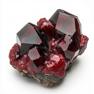 Cinnabar crystal with red mercury sulfide showcases vibrant hues and unique texture on a white background