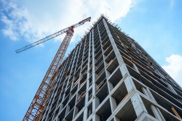 Obraz premium High-rise under construction against a blue sky.