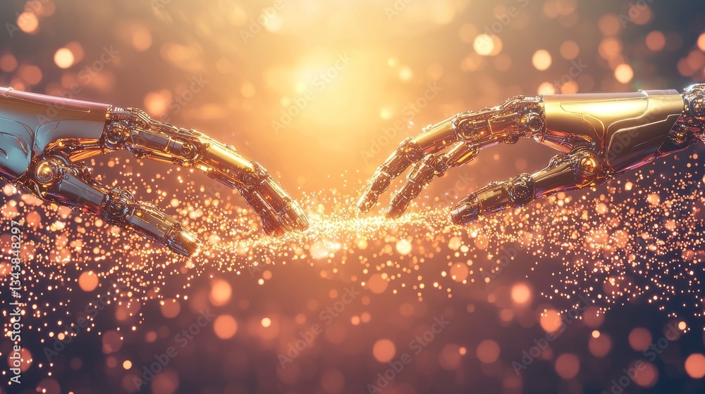 Poster automated production is underway in a futuristic factory where robotic arms are working