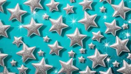 Obraz premium Sparkling silver stars scattered over a vibrant teal backdrop.