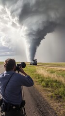 Obraz premium Storm chasers capturing a massive tornado near open plains under dark storm clouds in the late afternoon sky