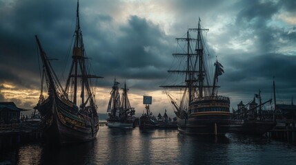 Majestic ships sailing under a dramatic sky. The scene captures a powerful moment in maritime history. Feel the adventure. Generative AI