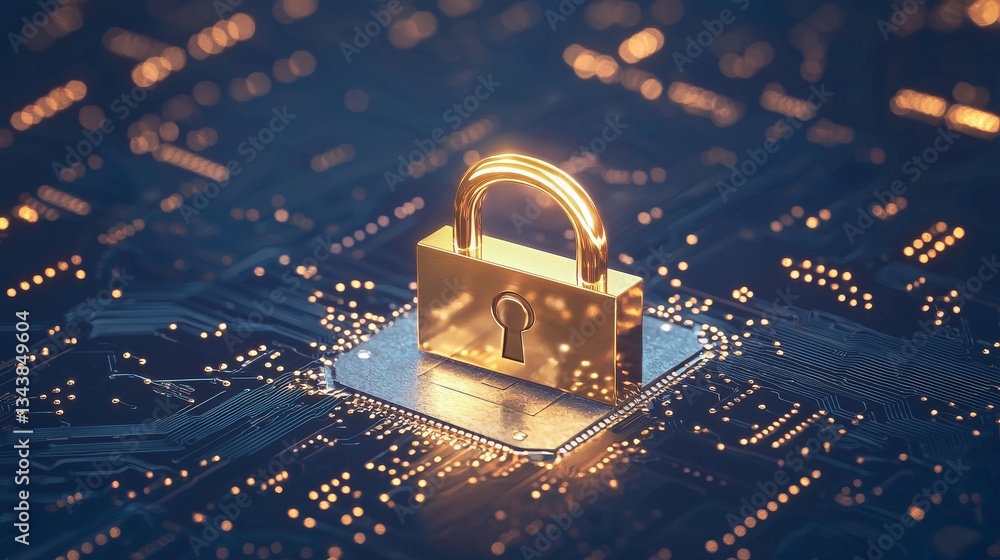 Poster blue circuitry serves as the backdrop for a close-up view of a detailed digital lock, representing d