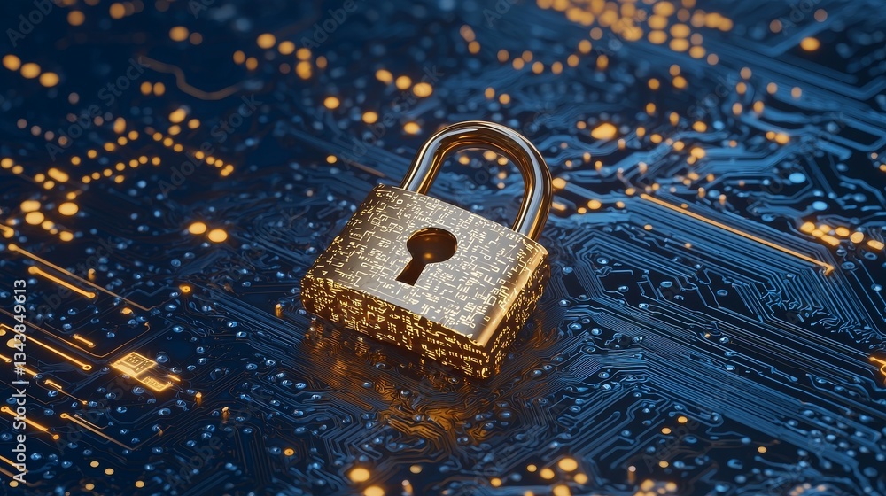 Poster cybersecurity and data protection are represented by a detailed digital lock in a close-up view on b