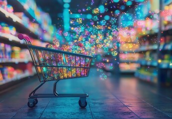 Concepto de tienda virtual, carrito de compras luminoso, fondo digital abstracto con partículas de información flotando y efectos de iluminación innovadores