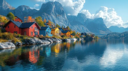 Fototapeta premium Vibrant coastal village with colorful houses reflecting in serene lake waters