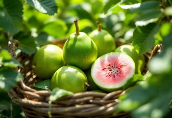 Fototapeta premium Green Guava with Pink Flesh in a Basket Surrounded by Lush Apple Plants