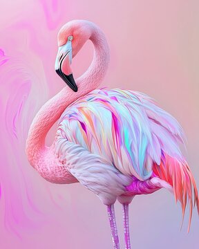 hyper-realistic flamingo with pastel marble-effect tattoos painted across its body