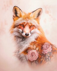 Obraz premium hyper-realistic fox with elegant fashion-inspired floral tattoos in a soft gradient of pinks and gold
