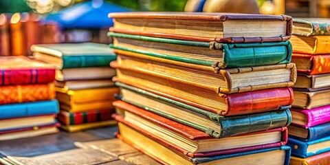 Obraz premium Colorful Stacked Old Books Garage Sale - Rule of Thirds Composition