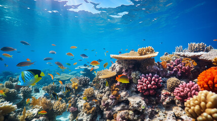 Underwater view of a colorful sea coral reef with fishes. Underwater