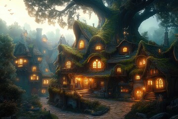 Whimsical Fairytale Village Under Giant Tree with Mossy Roofs and Glowing Windows