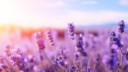 Naklejka premium filled with lavender under blue sky. blooming purple flowers under a sky