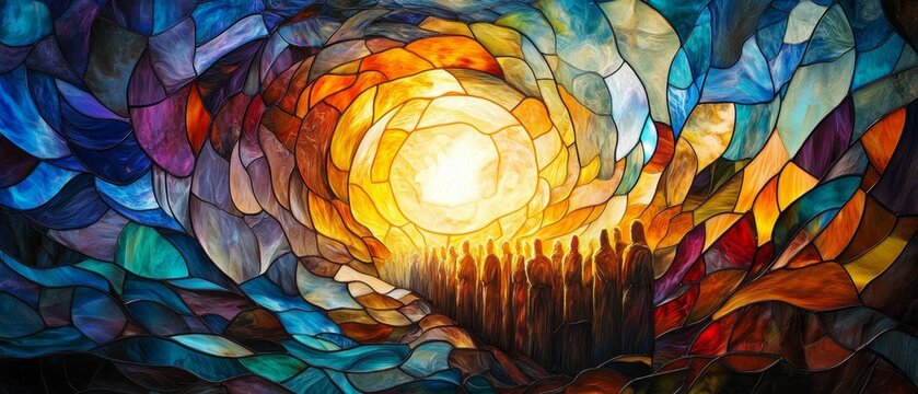 Colorful stained glass figures journey towards light.