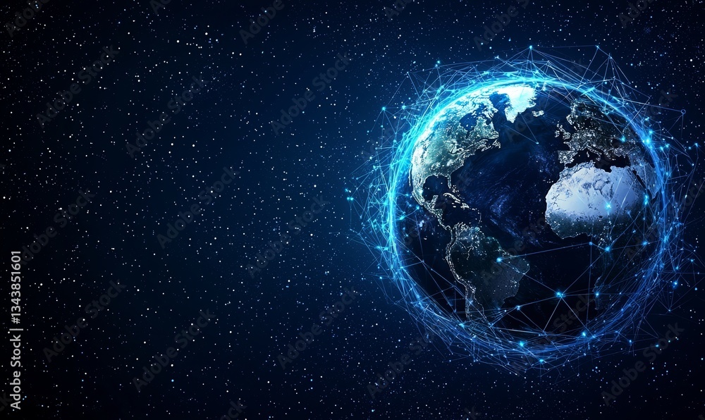 Poster the concept of digital technology and global network is represented by a digital globe with blue cir