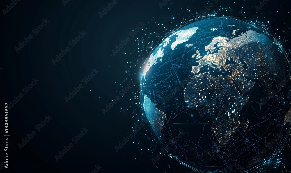 Poster the digital age is represented by a globe with blue circuit board patterns and streaming data on a d