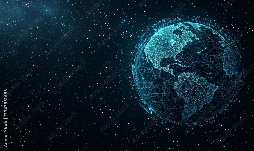 Poster a blue, glowing digital earth globe set against a black background illustrates the concept of digita