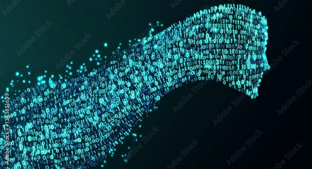 Poster the binary stream is a visual representation of digital data flow, characterized by a light trail on