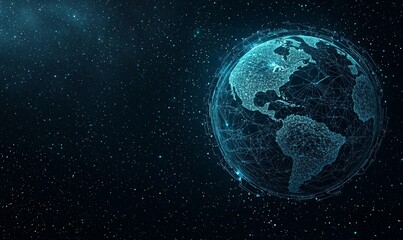 Fototapeta premium A blue, glowing digital Earth globe set against a black background illustrates the concept of digital technology and global networks through the representation of data transfer and connectivity as a