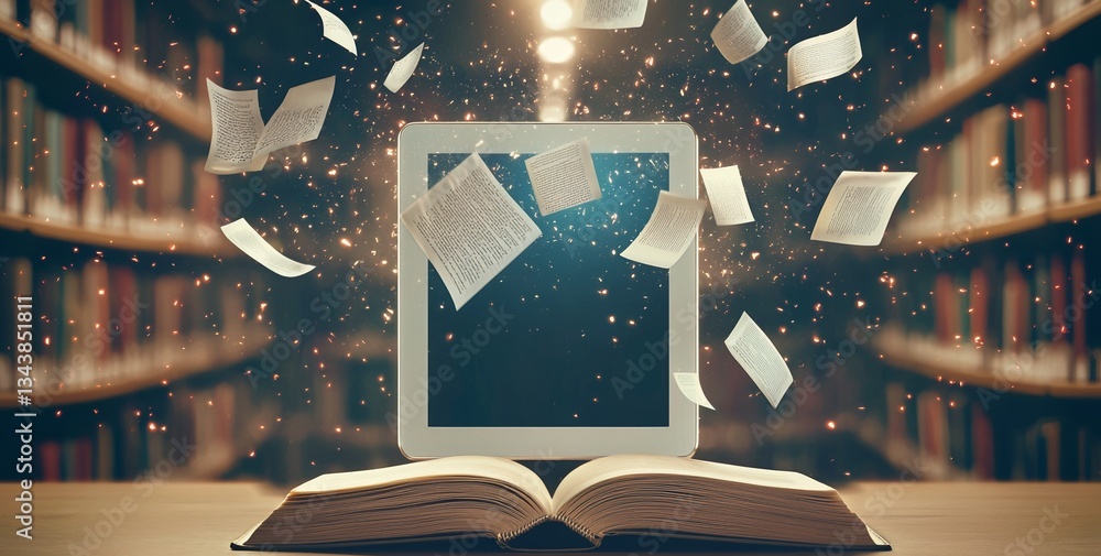 Poster converting books to ebooks is a digitization process that transforms paper into digital content on a