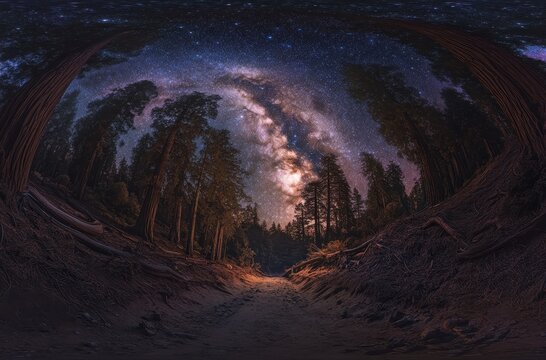 Milky Way Galaxy Over Dark Forest at Night