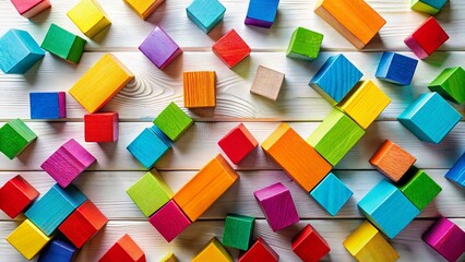 Obraz premium Colorful Wooden Blocks Folded Top View on White Wooden Background - Abstract Geometric Pattern
