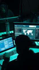Internet fraud, darknet, data thiefs, cybergrime concept. Hacker attack on government server....