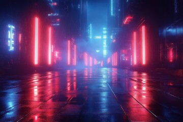 Futuristic Cyberpunk Cityscape at Night with Neon Lights and Reflective Streets