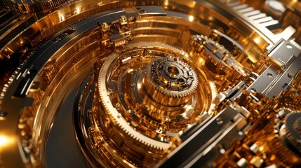 Obraz premium A golden, gear-filled quantum computer is shown. It uses quantum bits for super-fast parallel calculations, representing quantum computing and cryptography in a steampunk style. 