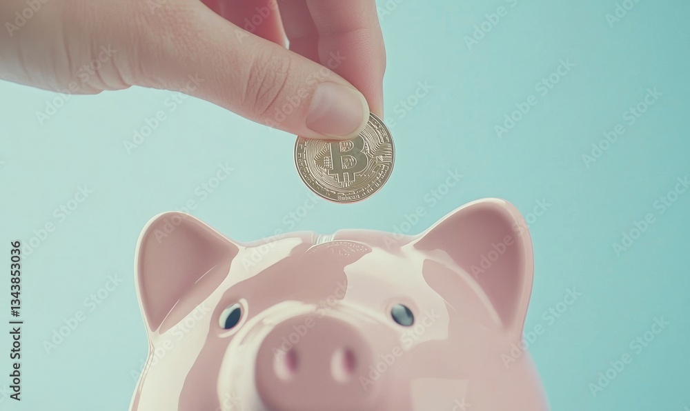 Poster the image depicts a hand inserting a coin into a white piggy bank on a blue background with availabl