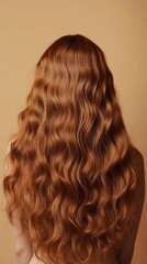 Fototapeta premium Lovely wavy hair flows down the back of a woman, showcasing a beautiful blend of warm tones. The backdrop creates a tranquil atmosphere, enhancing the hair's natural sheen and texture