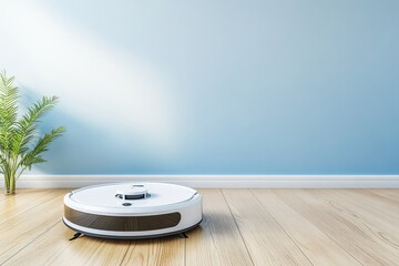 Robotic vacuum on wooden floor with sunlight and plant.