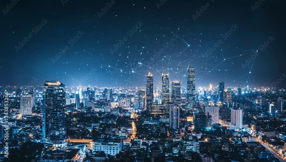 Aufkleber a cityscape at night serves as the backdrop for the concept of wireless network and connection techn
