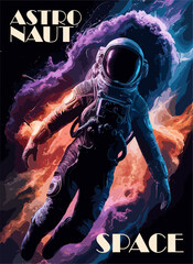 Obraz premium Space poster in retro style with an astronaut floating in space. Colorful vector art illustration