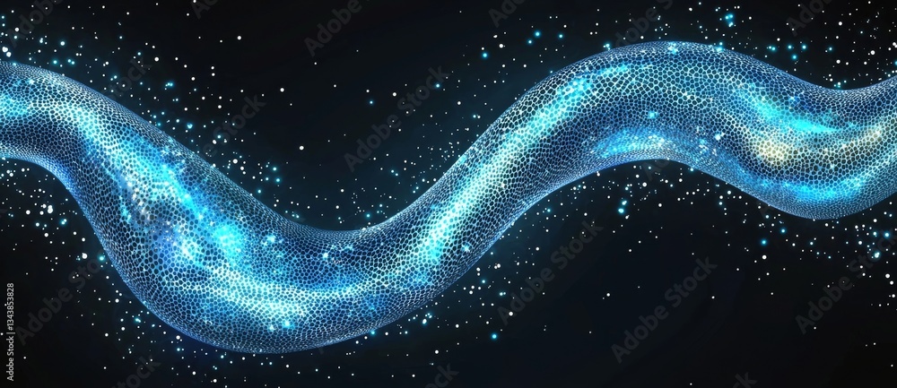 Poster the illustration depicts an abstract wave comprised of moving dots and lines, accompanied by a flow 