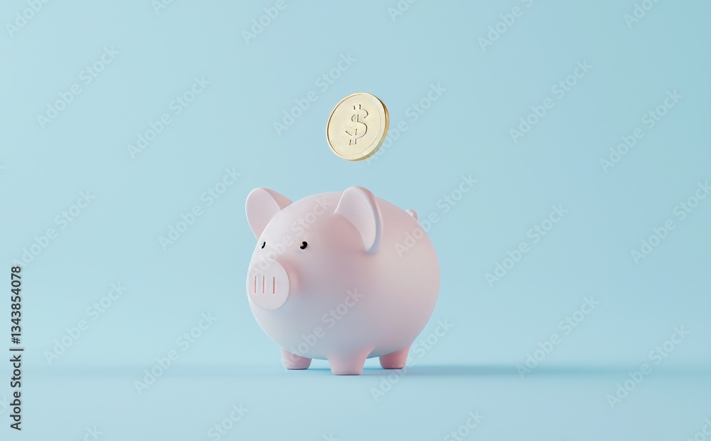 Poster a piggy bank on a blue background with copy space catches falling us dollar coins, representing a 3d