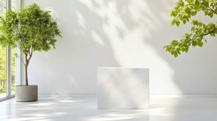 Obraz premium Modern minimalist display podium in a bright room with plants