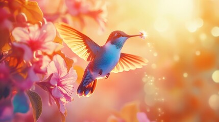 Hummingbird in mid-flight, shimmering feathers illuminated by sunlight as it sips nectar from a pink flower