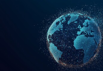 The earth globe is set against a graphical background filled with binary codes in a 3D rendered digital media scene