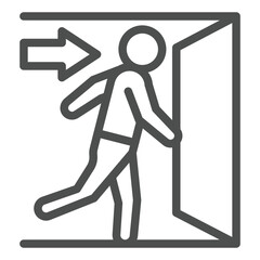 Arrow with human at exit door line icon, emergency service concept. Vector graphics. Man run to entrance door sign on white background, outline style icon for mobile or web design.