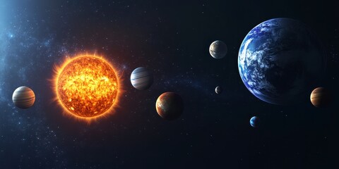 Pixel Art Solar System Orange Star and Planets in Dark Space