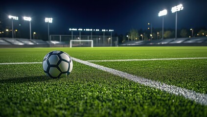 Fototapeta premium Night Football: Soccer Ball on an Empty Field