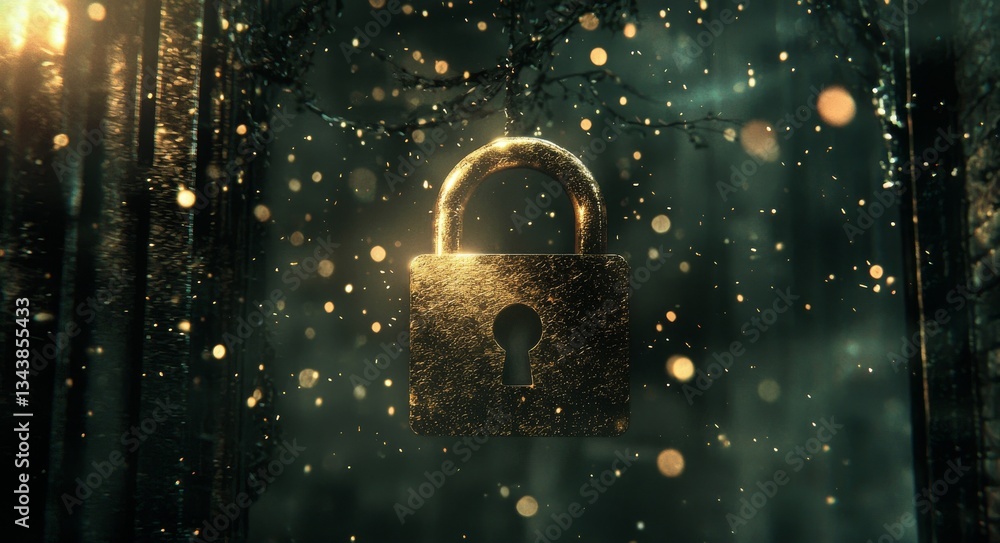 Poster a digital padlock icon is used to signify cyber security, which involves a technology network and da