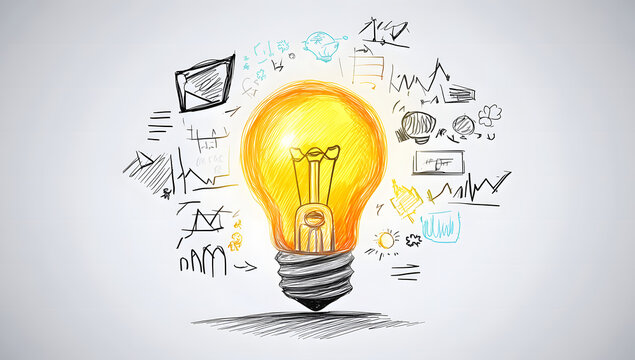 Bright Ideas Hand-Drawn Lightbulb with Creative Sketches and Business Graphs