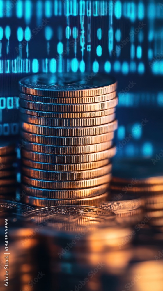 Poster stacks of coins with digital binary code background