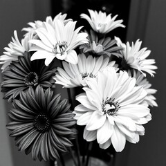 High-resolution stock photo of black and white flowers, commercial use, professional quality, arranged in a visually appealing bouquet, classic black and white film aesthetic