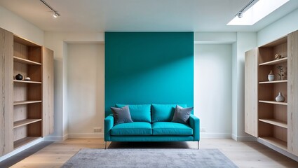 Bright teal sofa creates a striking focal point in minimal space.