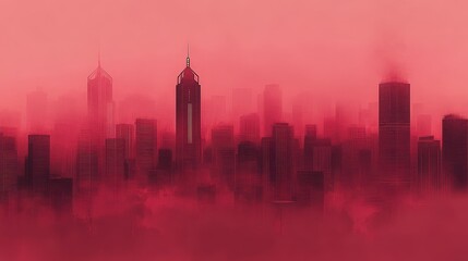 Fototapeta premium A Hong Kong city skyline poster. It's red, with a hazy, reddish background showing the buildings. 