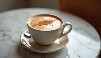 "A chai latte with cardamom and cinnamon, in a ceramic mug, on a marble table, soft focus"
