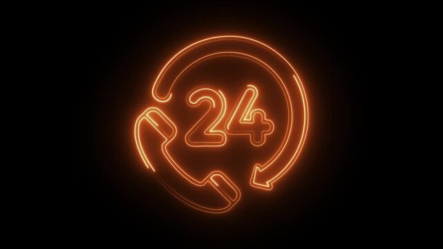 Glowing neon service 24 hour icon isolated on black background. HD Video motion graphic animation